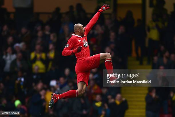 Goalkeeper Heurelho Gomes of Watford celebrates as Stefano Okaka of Watford scores their third goal during the Premier League match between Watford...