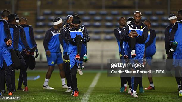 Teko Modise and Tebogo Langerman of Mamelodi Sundowns warm up during a training session at Nagai Ball Game Field on December 10, 2016 in Osaka, Japan.