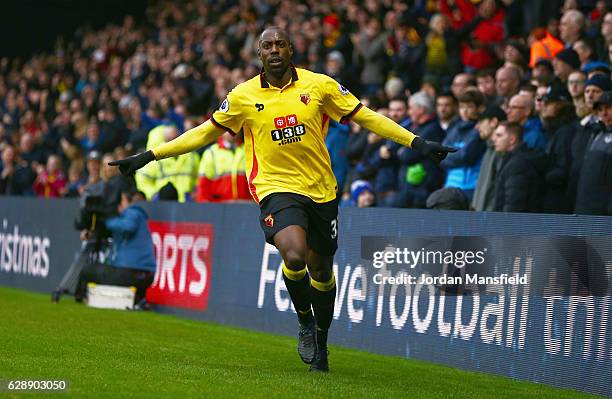 Stefano Okaka of Watford celebrates as he scores their first and equalising goal during the Premier League match between Watford and Everton at...