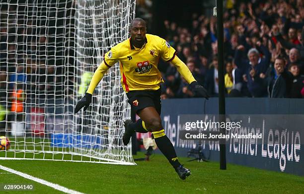 Stefano Okaka of Watford celebrates as he scores their first and equalising goal during the Premier League match between Watford and Everton at...