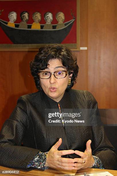 Arancha Gonzalez, executive director of the International Trade Center, speaks to Kyodo News in an interview in her office in Geneva on Dec. 7, 2016....