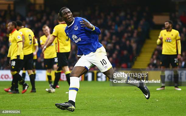Romelu Lukaku of Everton celebrates as he scores their second goal during the Premier League match between Watford and Everton at Vicarage Road on...