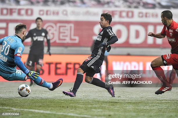 Olympique de Marseille's French midfielder Maxime Lopez scores a goal during the French L1 football match Dijon vs Marseille on December 10, 2016 at...