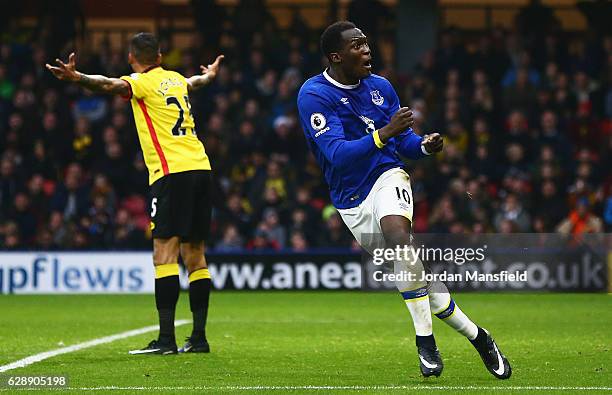 Romelu Lukaku of Everton celebrates as he scores their second goal during the Premier League match between Watford and Everton at Vicarage Road on...