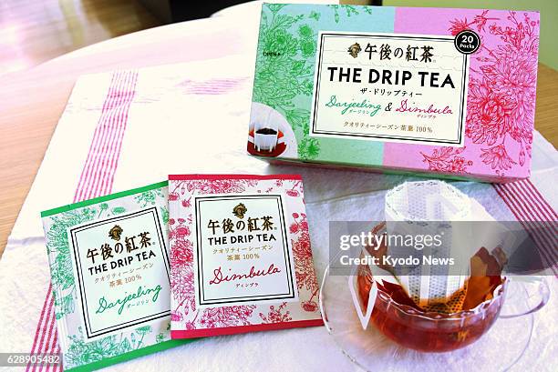 Photo taken in November 2016 shows "The Drip Tea" bags co-developed by Kirin Beverage Co. And Doutor Coffee Co. Major coffee chains and beverage...