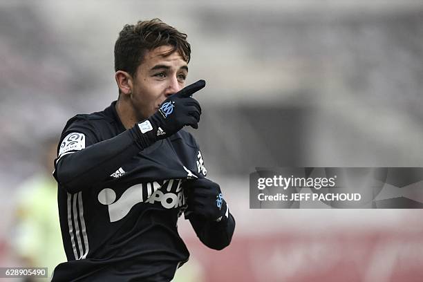 Olympique de Marseille's French midfielder Maxime Lopez celebrates after scoring a goal during the French L1 football match Dijon vs Marseille on...