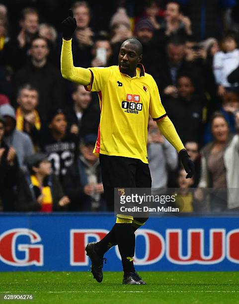 Stefano Okaka of Watford celebrates as he scores their third goal during the Premier League match between Watford and Everton at Vicarage Road on...