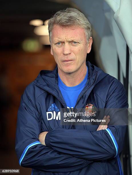 Sunderland manager David Moyes watches on as his players warm up prior to the Premier League match between Swansea City and Sunderland at The Liberty...