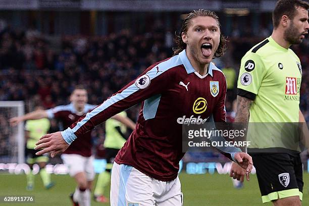 Burnley's Irish midfielder Jeff Hendrick celebrates after scoring the opening goal of the English Premier League football match between Burnley and...