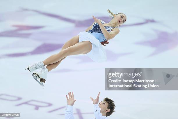 Aleksandra Boikova and Dmitrii Kozlovskii of Russia compete during Junior Pairs Free Skating on day three of the ISU Junior and Senior Grand Prix of...