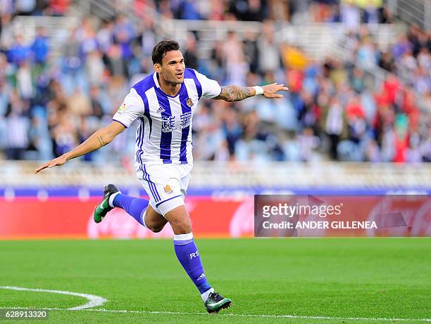Real Sociedad's Brazilian forward Willian Jose celebrates after scoring his team's second goal during the Spanish league football match Real Sociedad...