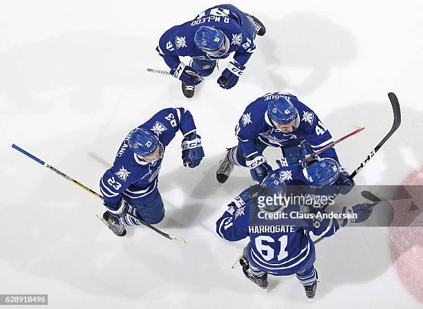 Spencer Watson of the Mississauga Steelheads celebrates a goal against the London Knights during an OHL game at Budweiser Gardens on December 9, 2016...