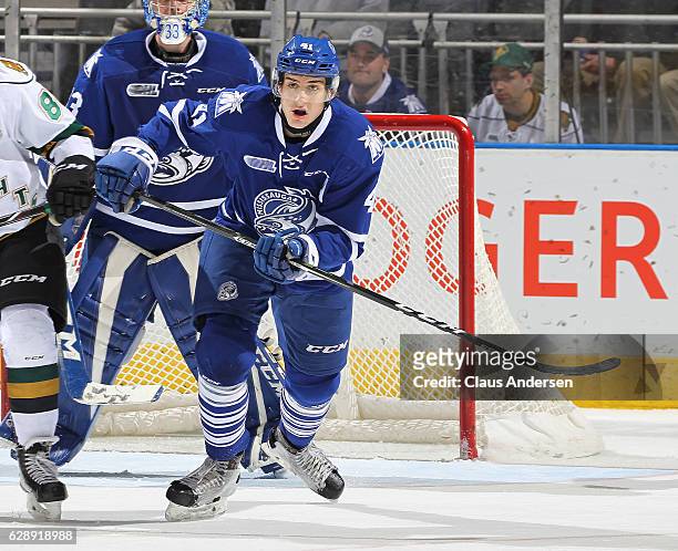 Nicolas Hague of the Mississauga Steelheads skates against the London Knights during an OHL game at Budweiser Gardens on December 9, 2016 in London,...
