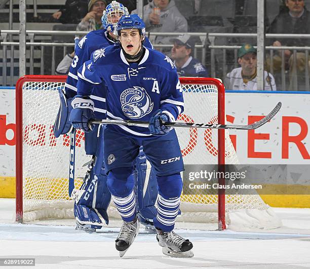 Nicolas Hague of the Mississauga Steelheads skates against the London Knights during an OHL game at Budweiser Gardens on December 9, 2016 in London,...