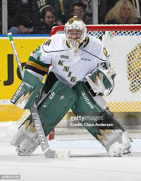 Tyler Johnson of the London Knights gets set to face a shot against the Mississauga Steelheads during an OHL game at Budweiser Gardens on December 9,...