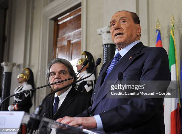Silvio Berlusconi delivers a speech after meeting with Italian President Sergio Mattarella at Palazzo del Quirinale on December 8, 2016 in Rome,...
