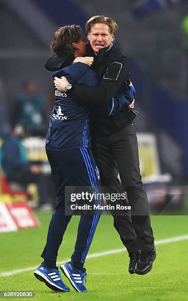 Markus Gisdol, head coach of Hamburg celebrates his teams win at the end of the Bundesliga match between Hamburger SV and FC Augsburg at...