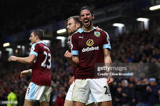 George Boyd of Burnley celebrates scoring his sides third goal during the Premier League match between Burnley and AFC Bournemouth at Turf Moor on...