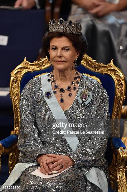 Queen Silvia of Sweden attends the Nobel Prize Awards Ceremony at Concert Hall on December 10, 2016 in Stockholm, Sweden.