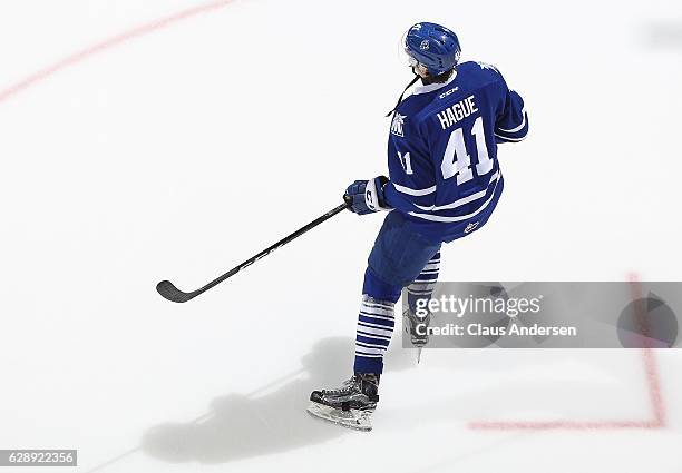 Nicolas Hague of the Mississauga Steelheads skates during the warm-up prior to playing against the London Knights in an OHL game at Budweiser Gardens...