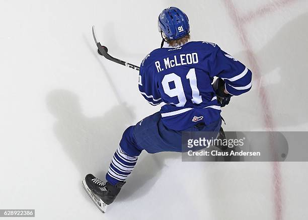 Ryan McLeod of the Mississauga Steelheads skates with the puck in the warm-up prior to playing against the London Knights in an OHL game at Budweiser...