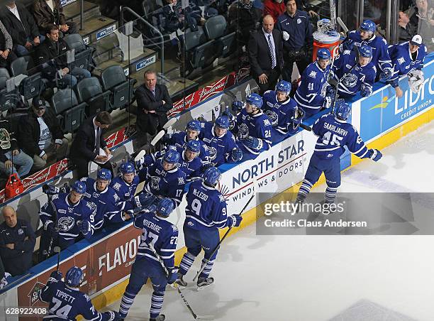 Vili Saarijarvi of the Mississauga Steelheads celebrates a goal against the London Knights during an OHL game at Budweiser Gardens on December 9,...