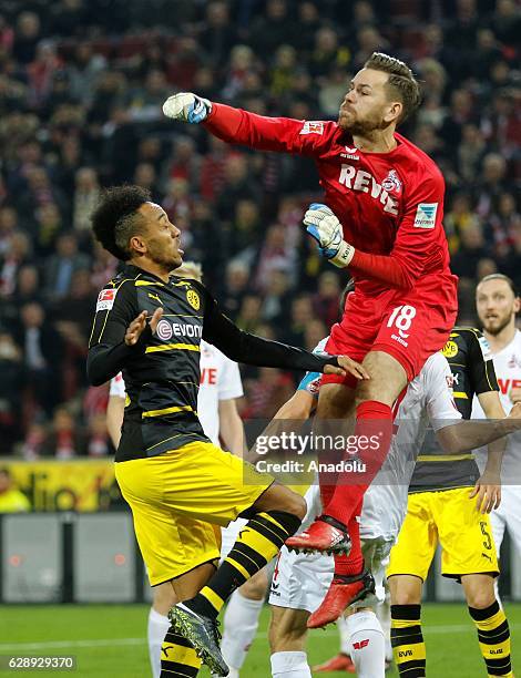 Pierre-Emerick Aubameyang of Dortmund in action with Torwart Thomas Kessler of Cologne during the Bundesliga soccer match between 1. FC Cologne and...