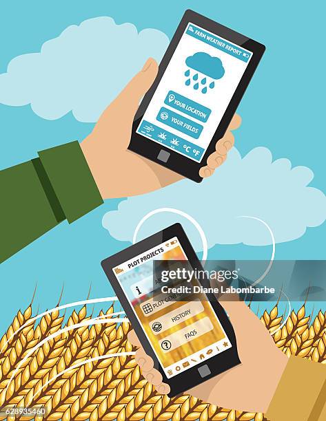 farmers holds a tablet with an agriculture application on it - farmer tablet stock illustrations