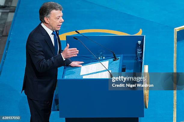 President Juan Manuel Santos of Colombia delivers his acceptance speech during the Nobel Peace Prize ceremony at Oslo Town Hall on December 10, 2016...