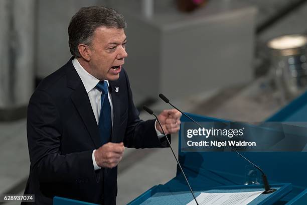 President Juan Manuel Santos of Colombia delivers his acceptance speech during the Nobel Peace Prize ceremony at Oslo Town Hall on December 10, 2016...