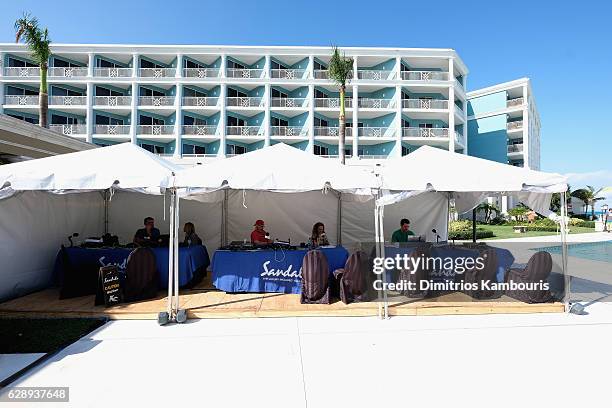 View of live radio broadcast during CMT Story Behind The Songs LIV + Weekend at Sandals Royal Bahamian Spa Resort & Offshore Island - Day 3 at...