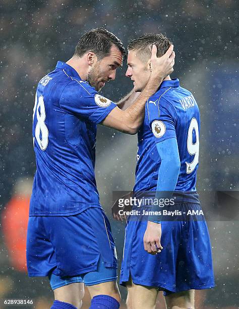 Jamie Vardy celebrates with Christian Fuchs of Leicester City after scoring a goal to make it 1-0 during the Premier League match between Leicester...