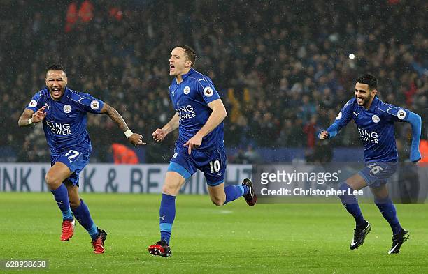 Andy King of Leicester City celebrates scoring his sides second goal during the Premier League match between Leicester City and Manchester City at...