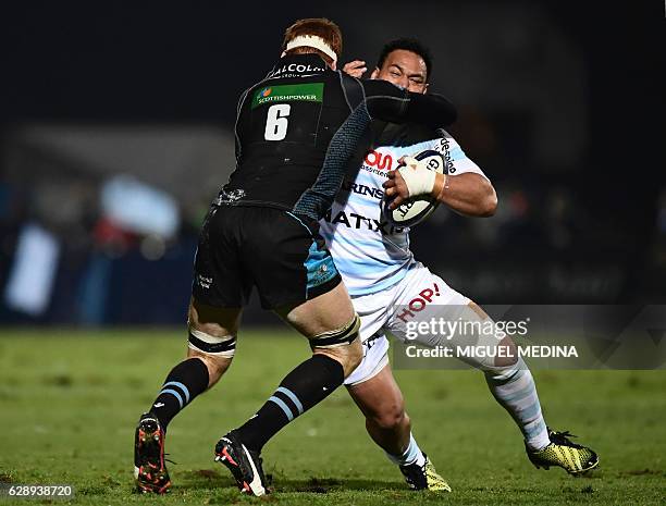 Racing Metro 92 New Zealand Number Eight Chris Masoe vies with Glasgow Warriors Scottish blind-side flanker Rob Harley during the European Rugby...