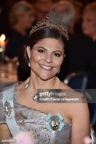 Crown Princess Victoria of Sweden attends the Nobel Prize Banquet 2015 at City Hall on December 10, 2016 in Stockholm, Sweden.