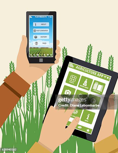 farmers holds a tablet with an agriculture application on it - farmer tablet stock illustrations