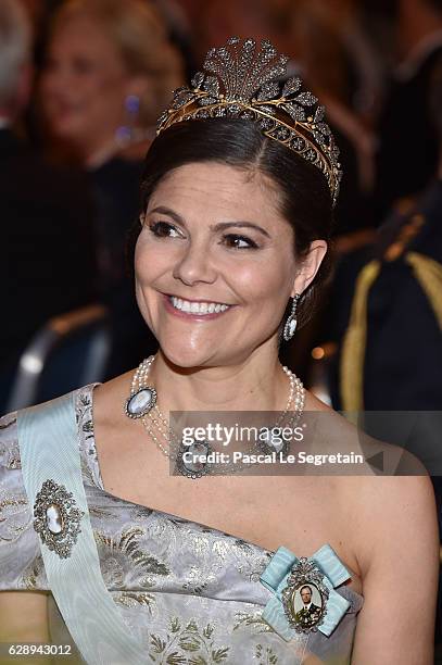 Crown Princess Victoria of Sweden attends the Nobel Prize Banquet 2015 at City Hall on December 10, 2016 in Stockholm, Sweden.