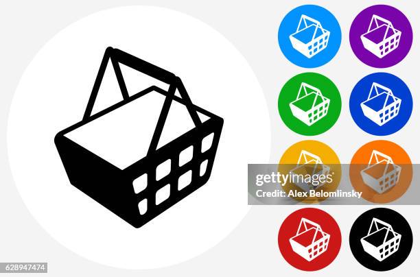 einkaufskorb-symbol auf flachen farbkreis-tasten - einkaufskorb stock-grafiken, -clipart, -cartoons und -symbole