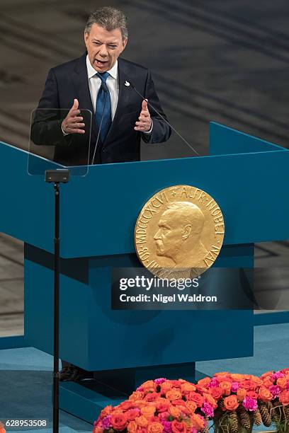 President Juan Manuel Santos of Colombia delivers his acceptance speech during the Nobel Peace Prize ceremony at Oslo Town Hall on December 10, 2016...
