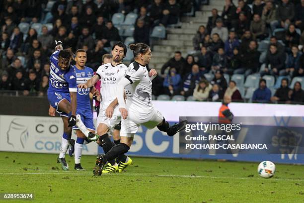 Bastia's French midfielder Allan Saint Maximin scores a goal during the French L1 football match between Bastia and Metz on December 10, 2016 at the...