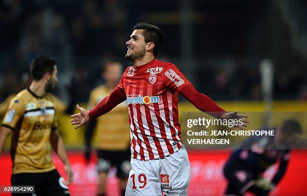 Nancy's French midfielder Loïc Puyo celebrates after scoring a goal during the French L1 football match between Nancy and Angers on December 10, 2016...