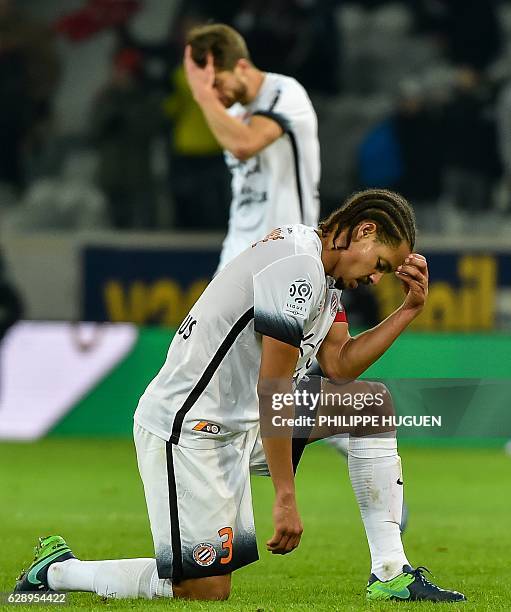 Montpellier's French defender Daniel Congré looks dejected at the end of their french L1 football match Lille vs Montpellier on December 12 2016 at...