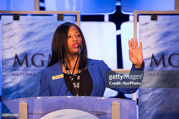 Suzette Meade, Chief Operating Officer, Regional Operations, MGM International, speaks at the press conference at MGM National Harbor, in Washington,...