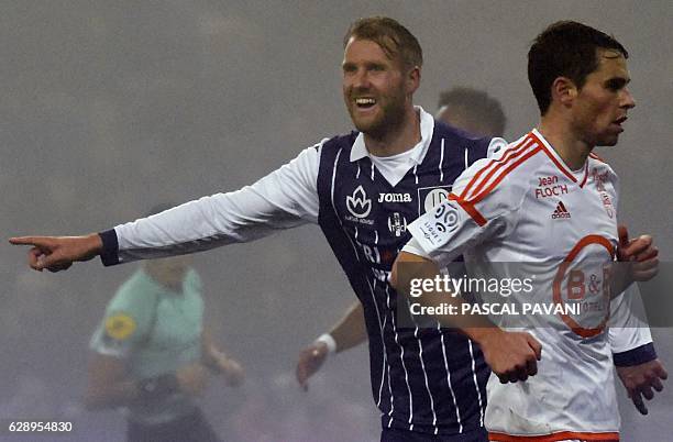 Toulouse's Swedish forward Ola Toivonen celebrates after scoring a goal during the French L1 football match between Toulouse and Lorient, on December...