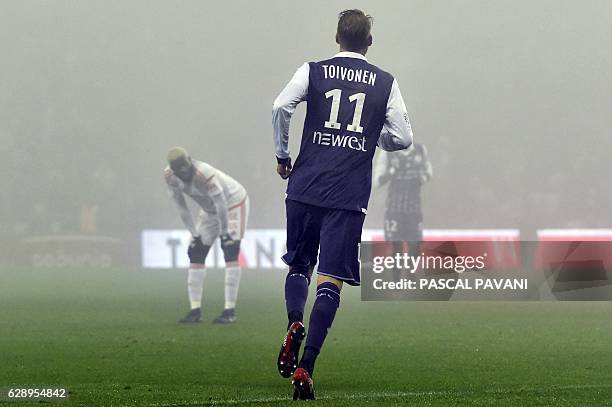 Toulouse's Swedish forward Ola Toivonen celebrates after scoring a goal during the French L1 football match between Toulouse and Lorient, on December...