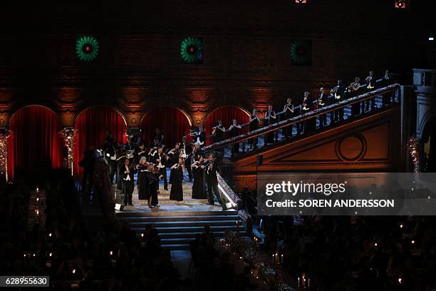 An orchestra performs during the 2016 Nobel Banquet for the laureates in medicine, chemistry, physics, literature and economics in Stockholm, on...