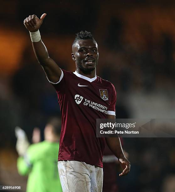 Gabriel Zakuani of Northampton Town celebrates victory at the end of the Sky Bet League One match between Port Vale and Northampton Town at Vale Park...