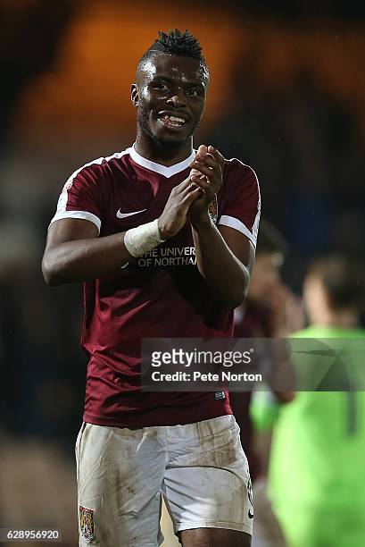 Gabriel Zakuani of Northampton Town celebrates victory at the end of the Sky Bet League One match between Port Vale and Northampton Town at Vale Park...