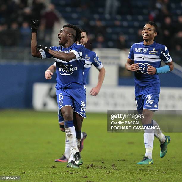 Bastia's French midfielder Allan Saint Maximin celebrates after scoring a goal during the French L1 football match between Bastia and Metz on...