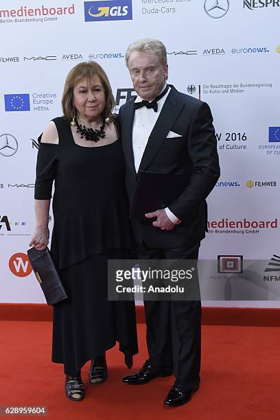 Actor Daniel Olbrychski and his wife Krystyna Olbrychska attend a red carpet ceremony during the 29th European Film Awards at the National Forum of...